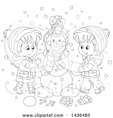 Clipart of a Black and White Lineart Happy Brother and Sister Building a Snowman - Royalty Free Vector Illustration by Alex Bannykh