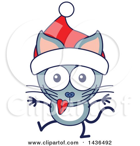 Clipart of a Cartoon Christmas Kitty Cat Wearing a Santa Hat - Royalty Free Vector Illustration by Zooco