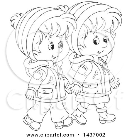Clipart of a Cartoon Black and White Lineart Happy Boy and Girl Holding Hands and Taking a Winter Walk - Royalty Free Vector Illustration by Alex Bannykh