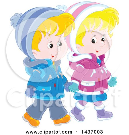 Clipart of a Cartoon Happy Caucasian Boy and Girl Holding Hands and Taking a Winter Walk - Royalty Free Vector Illustration by Alex Bannykh