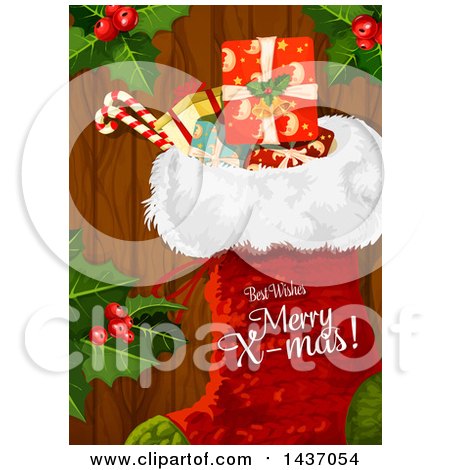Clipart of a Stocking with Best Wishes Merry X Mas Text - Royalty Free Vector Illustration by Vector Tradition SM