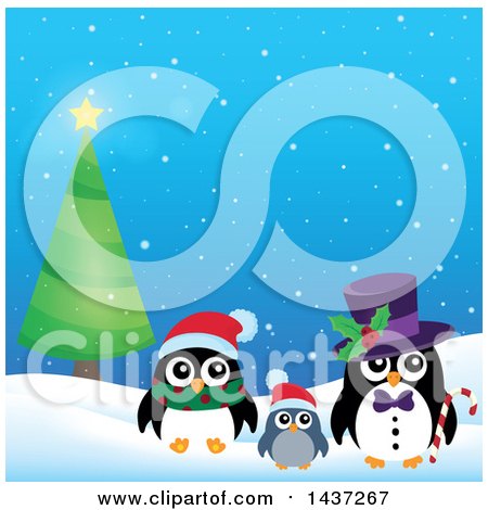 Clipart of Christmas Penguins by a Tree - Royalty Free Vector Illustration by visekart