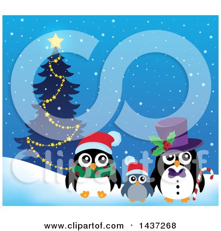 Clipart of Christmas Penguins by a Tree - Royalty Free Vector Illustration by visekart