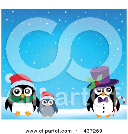 Clipart of a Christmas Penguin Family in the Snow - Royalty Free Vector Illustration by visekart