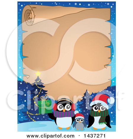 Clipart of Christmas Penguin Family with a Parchment Scroll, Tree and Mountains - Royalty Free Vector Illustration by visekart