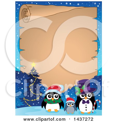 Clipart of Christmas Penguin Family with a Parchment Scroll, Tree and Mountains - Royalty Free Vector Illustration by visekart