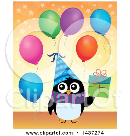 Clipart of a Party Penguin Holding a Gift - Royalty Free Vector Illustration by visekart