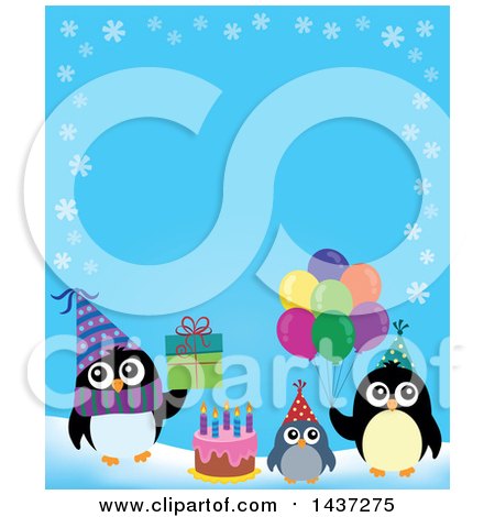Clipart of Party Penguins Border with a Gift, Cake and Balloons - Royalty Free Vector Illustration by visekart