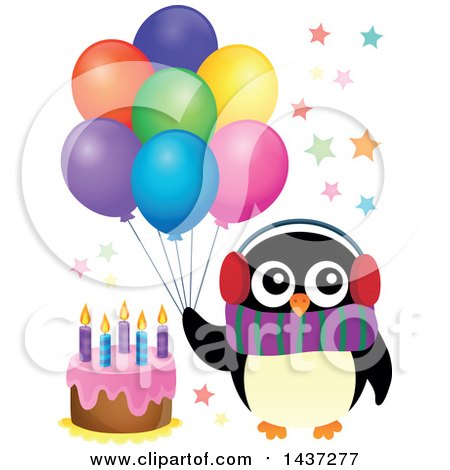 Clipart of a Party Penguin Holding Balloons by a Cake - Royalty Free Vector Illustration by visekart