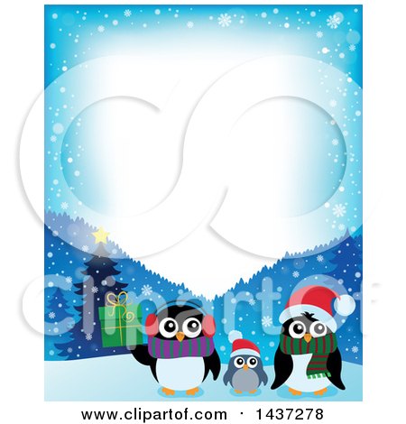 Clipart of Christmas Penguin Family with a Border of Snowflakes and Mountains - Royalty Free Vector Illustration by visekart