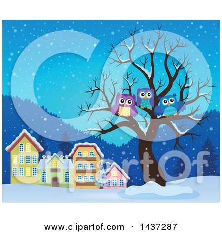 Clipart of a Bare Tree with a Family of Owls in a Winter Village - Royalty Free Vector Illustration by visekart