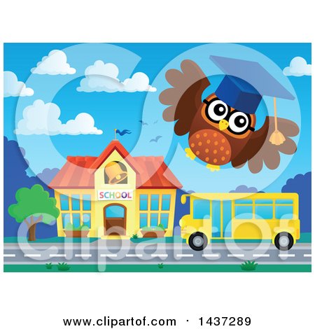 Clipart of a Professor Owl Flying over a Bus and School - Royalty Free Vector Illustration by visekart