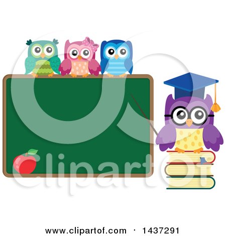 Clipart of a Professor Owl on Books, Pointing to a Chalk Board with Students on Top - Royalty Free Vector Illustration by visekart