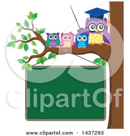 Clipart of a Professor Owl on a Branch with Students over a Chalk Board - Royalty Free Vector Illustration by visekart
