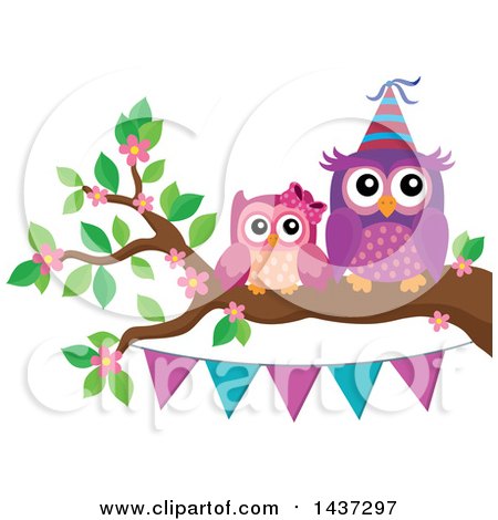 Clipart of Party Owls on a Spring Branch with a Bunting Banner - Royalty Free Vector Illustration by visekart