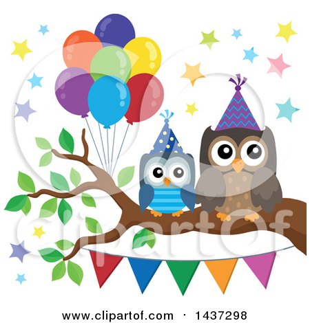 Clipart of Party Owls on a Branch with Balloons and a Bunting Banner - Royalty Free Vector Illustration by visekart
