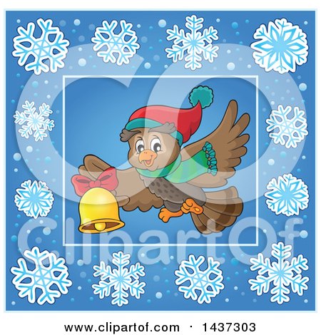 Clipart of a Christmas Owl Inside a Blue Snowflake Frame - Royalty Free Vector Illustration by visekart