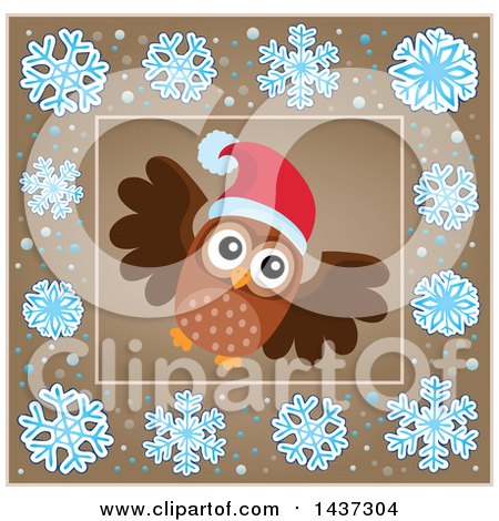 Clipart of a Christmas Owl Inside a Brown Snowflake Frame - Royalty Free Vector Illustration by visekart