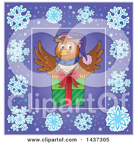Clipart of a Christmas Owl Inside a Purple Snowflake Frame - Royalty Free Vector Illustration by visekart