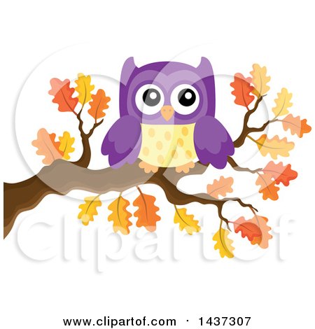 Clipart of a Purple Owl on an Autumn Oak Branch - Royalty Free Vector Illustration by visekart