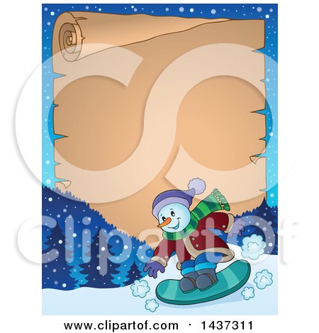 Clipart of a Snowman Snowboarding over a Parchment Scroll - Royalty Free Vector Illustration by visekart