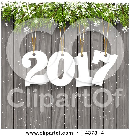 Clipart of a New Year 2017 Design with Numbers Hanging from Branches, with Snowflakes over Wood - Royalty Free Vector Illustration by KJ Pargeter