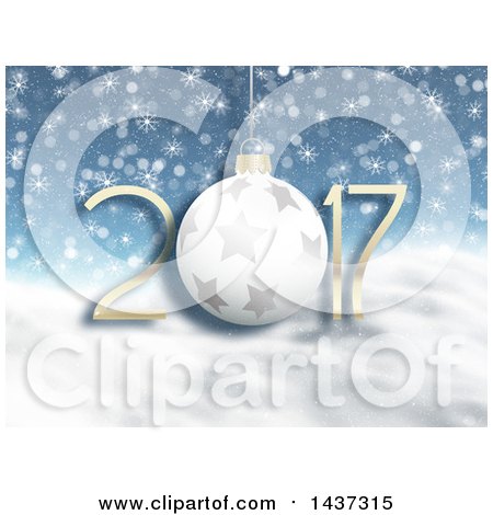 Clipart of a 3d Starry Bauble in New Year 2017 Numbers over Snowflakes and Snow - Royalty Free Illustration by KJ Pargeter