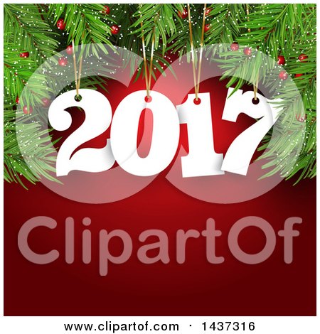 Clipart of a Suspended New Year 2017 Numbers from Tree Branches, over Red - Royalty Free Vector Illustration by KJ Pargeter