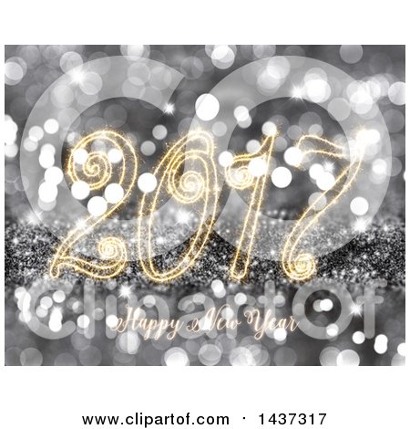 Clipart of a Sparkler Happy New Year 2017 Greeting over Silver Glitter - Royalty Free Illustration by KJ Pargeter