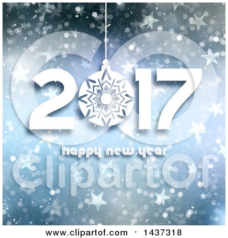 Clipart of a Happy New Year 2017 Greeting over Blue Stars and Bokeh - Royalty Free Illustration by KJ Pargeter