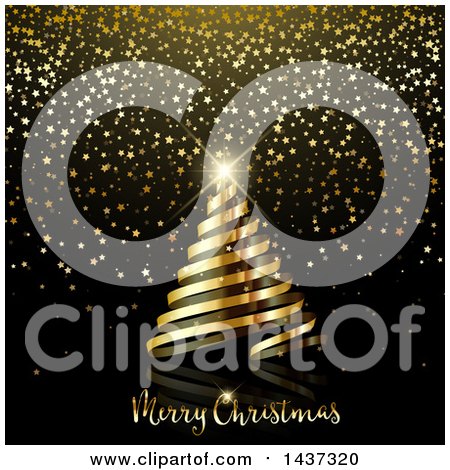 Clipart of a Gold Ribbon Spiral Christmas Tree with a Shining Star over Text on Black, with Glitter Stars - Royalty Free Vector Illustration by KJ Pargeter