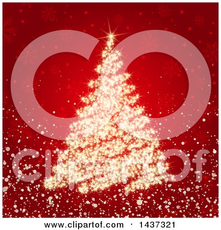Clipart of a Gold Sparkler Christmas Tree on Red with Snowflakes - Royalty Free Vector Illustration by KJ Pargeter