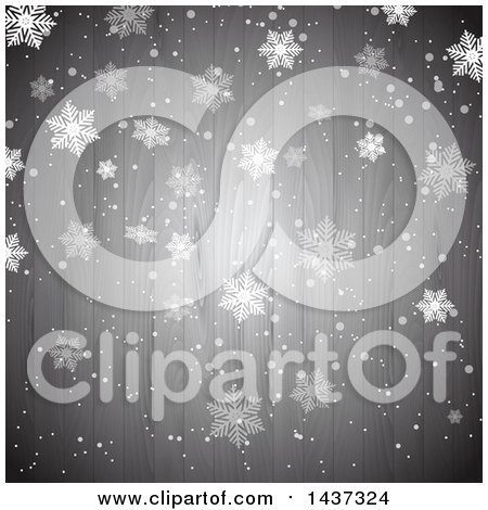 Clipart of a Christmas Background with Winter Snowflakes over Gray Wood - Royalty Free Vector Illustration by KJ Pargeter