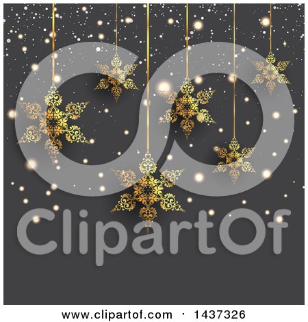 Clipart of a Background of Suspended Golden Snowflakes and Flares over Gray - Royalty Free Vector Illustration by KJ Pargeter