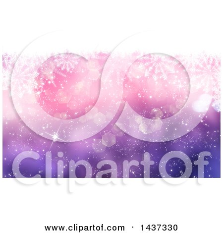 Clipart of a Gradient Pink and Purple Christmas Background with Snowflakes and Flares - Royalty Free Illustration by KJ Pargeter