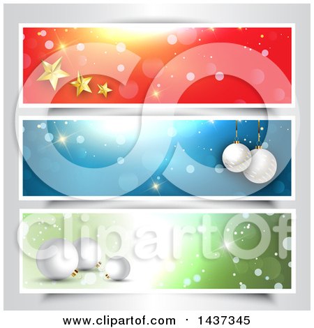 Clipart of Red, Blue and Green 3d Star and Bauble Website Borders, on Gray - Royalty Free Vector Illustration by KJ Pargeter
