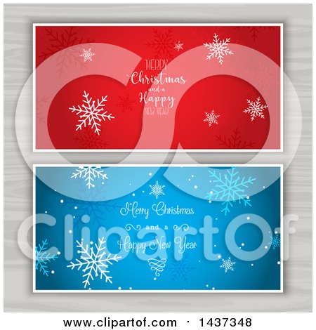 Clipart of Christmas Greeting and Snowflake Designs over Wood - Royalty Free Vector Illustration by KJ Pargeter