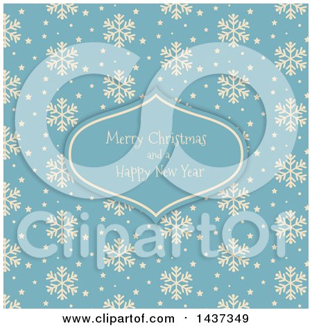 Clipart of a Merry Christmas and a Happy New Year Greeting in a Frame over a Retro Beige and Blue Snowflake Pattern - Royalty Free Vector Illustration by KJ Pargeter
