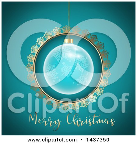 Clipart of a Merry Christmas Greeting Under a Snowflake Bauble in a Gold Frame - Royalty Free Vector Illustration by KJ Pargeter