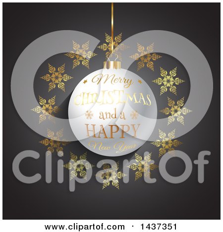 Clipart of a Merry Christmas and a Happy New Year Greeting on a 3d Bauble in a Frame of Gold Snowflakes, over Gray - Royalty Free Vector Illustration by KJ Pargeter