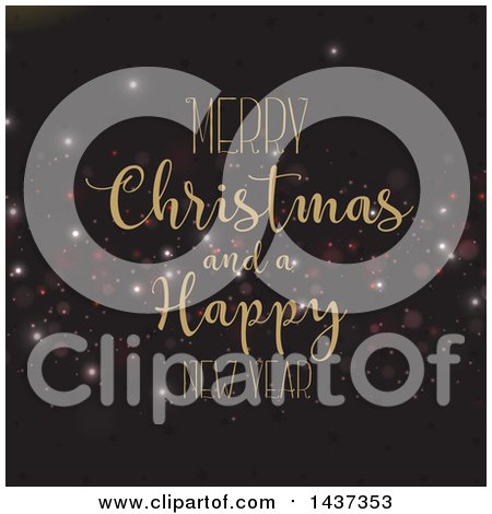 Clipart of a Merry Christmas and a Happy New Year Greeting over Bokeh Flares on Black - Royalty Free Vector Illustration by KJ Pargeter