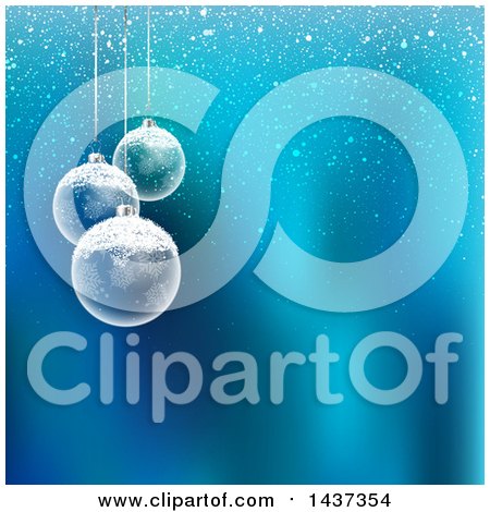 Clipart of a Blue Background with 3d Transparent Glass Bauble Ornaments and Snow - Royalty Free Vector Illustration by KJ Pargeter