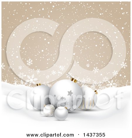 Clipart of a Christmas Background with Snow and 3d Bauble Ornaments over Tan and Snowflakes - Royalty Free Vector Illustration by KJ Pargeter