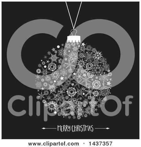 Clipart of a Merry Christmas Greeting Under a Bauble Ornament Made of Snowflakes on Black - Royalty Free Vector Illustration by KJ Pargeter