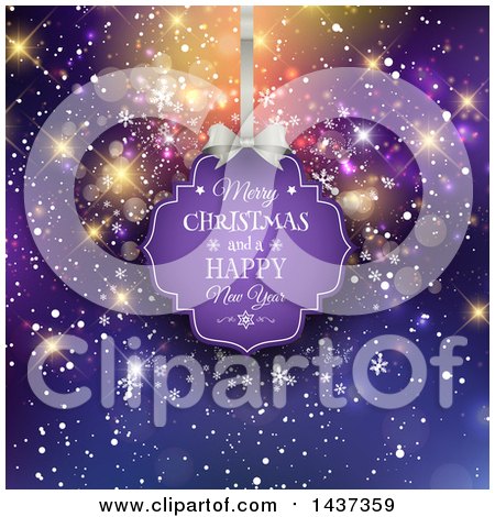 Clipart of a Merry Christmas and a Happy New Year Tag Hanging over Bokeh Flares and Snowflakes on Purple - Royalty Free Vector Illustration by KJ Pargeter