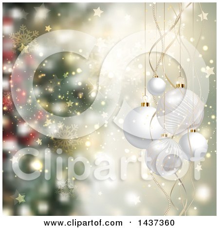 Clipart of a Christmas Background with 3d Suspended White Baubles over Blur - Royalty Free Vector Illustration by KJ Pargeter