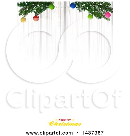 Clipart of a Merry Christmas Greeting over White, with Fading Wood, Tree Branches and Baubles - Royalty Free Vector Illustration by elaineitalia
