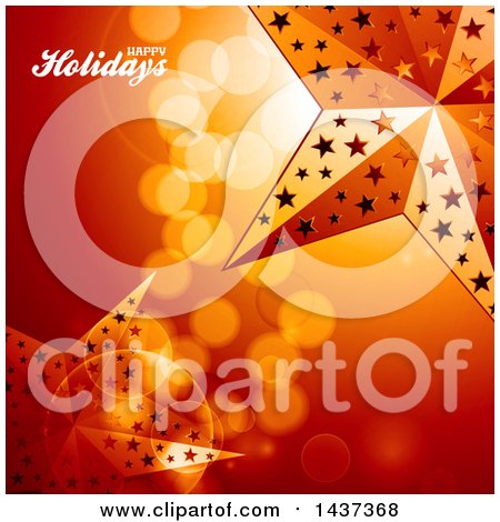 Clipart of a Happy Holidays Greeting over a Beautiful Orange Golden Background of Flares with 3d Stars - Royalty Free Vector Illustration by elaineitalia