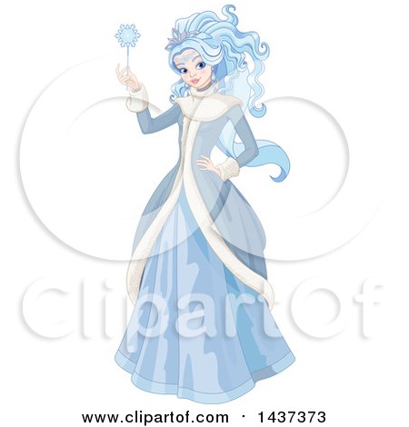 Clipart of a Beautiful Winter Queen or Ice Princess Holding a Snowflake Wand - Royalty Free Vector Illustration by Pushkin