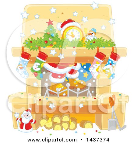 Clipart of a Decorated Christmas Hearth Fireplace with Santas Feet - Royalty Free Vector Illustration by Alex Bannykh
